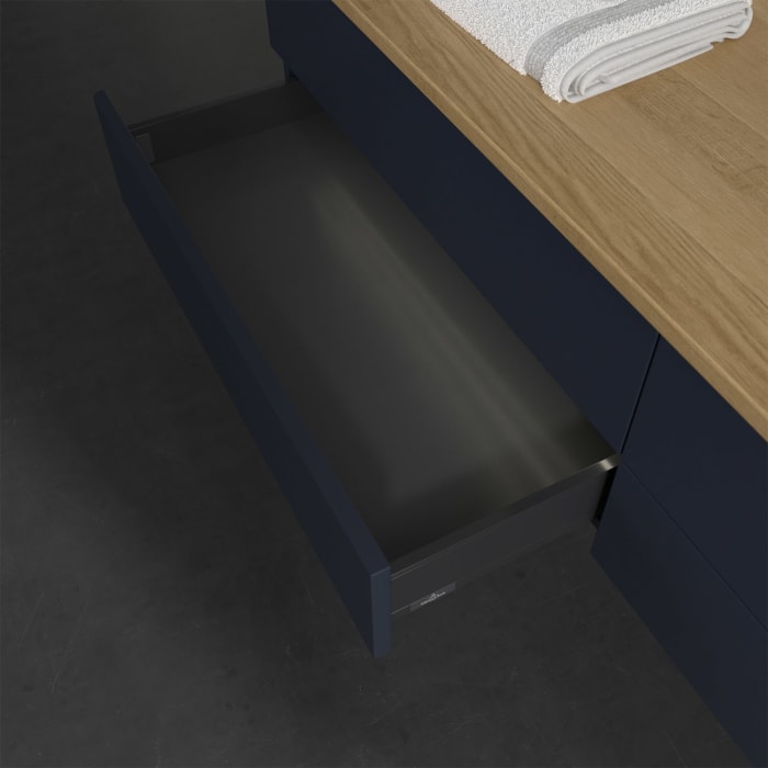 Villeroy & Boch Antao Waschbeckenunterschrank, 160 x 36 cm, 4 Auszüge mit LED-Licht, Front ohne Struktur, mit Hahnloch, für Waschtisch rechts