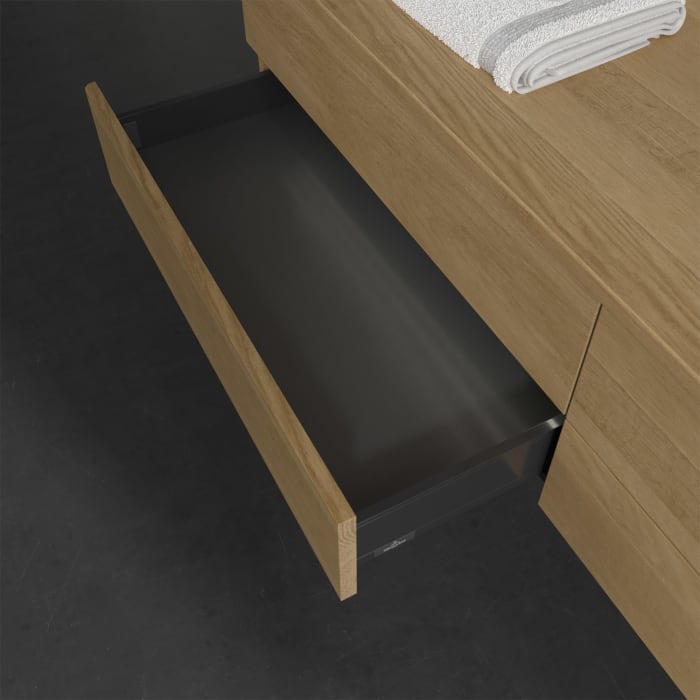 Villeroy & Boch Antao Waschbeckenunterschrank, 160 x 36 cm, 4 Auszüge mit LED-Licht, Front ohne Struktur, mit Hahnloch, für Waschtisch rechts