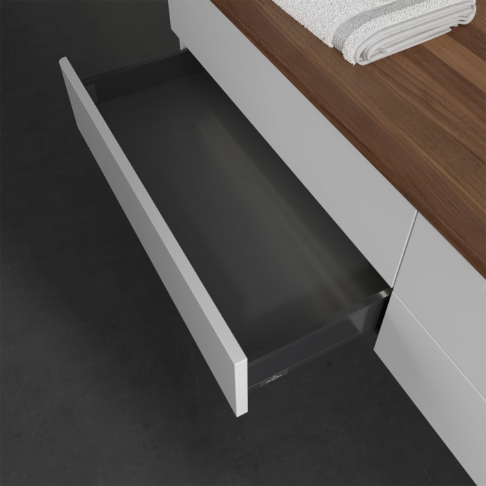 Villeroy & Boch Antao Waschbeckenunterschrank, 160 x 36 cm, 4 Auszüge mit LED-Licht, Front ohne Struktur, mit Hahnloch, für Waschtisch rechts