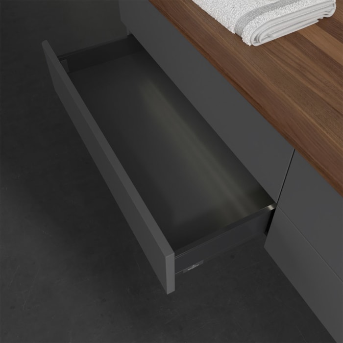 Villeroy & Boch Antao Waschbeckenunterschrank, 160 x 36 cm, 4 Auszüge mit LED-Licht, Front ohne Struktur, mit Hahnloch, für Waschtisch rechts