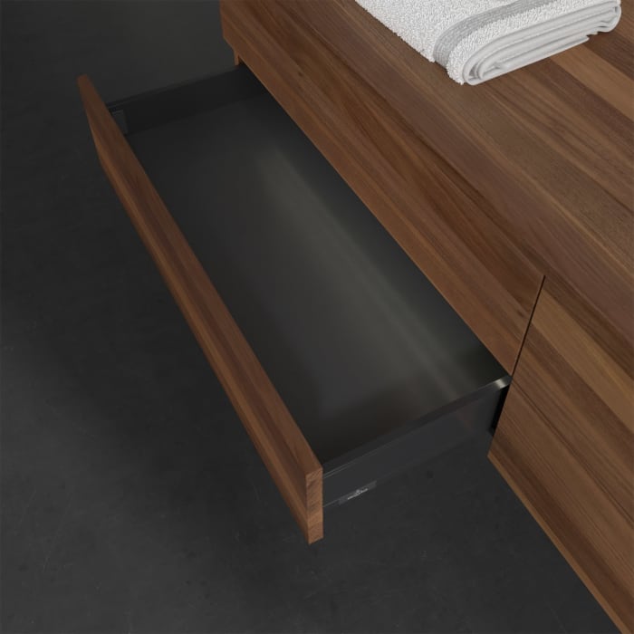 Villeroy & Boch Antao Waschbeckenunterschrank, 160 x 36 cm, 4 Auszüge mit LED-Licht, Front ohne Struktur, mit Hahnloch, für Waschtisch rechts