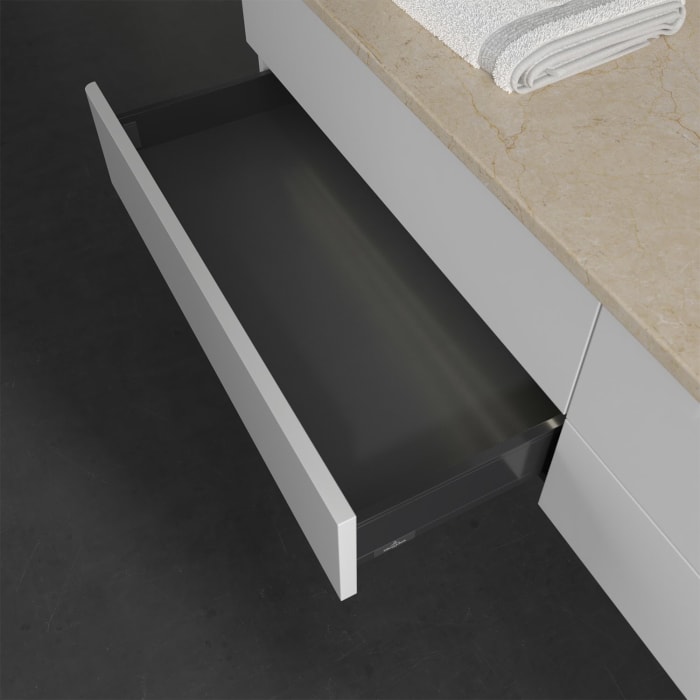 Villeroy & Boch Antao Waschbeckenunterschrank, 160 x 36 cm, 4 Auszüge mit LED-Licht, Front ohne Struktur, mit Hahnloch, für Waschtisch rechts