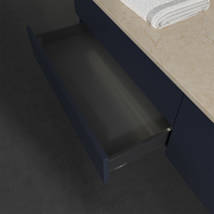 Villeroy & Boch Antao Waschbeckenunterschrank, 160 x 36 cm, 4 Auszüge mit LED-Licht, Front ohne Struktur, mit Hahnloch, für Waschtisch rechts