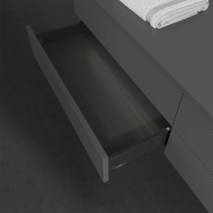 Villeroy & Boch Antao Waschbeckenunterschrank, 160 x 36 cm, 4 Auszüge mit LED-Licht, Front mit Struktur, ohne Hahnloch, für Waschtisch rechts
