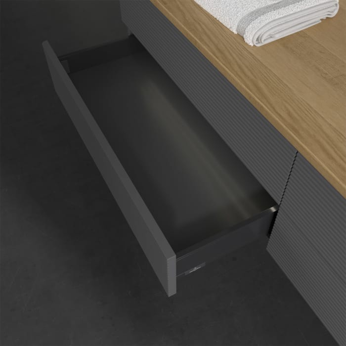Villeroy & Boch Antao Waschbeckenunterschrank, 160 x 36 cm, 4 Auszüge mit LED-Licht, Front mit Struktur, ohne Hahnloch, für Waschtisch rechts