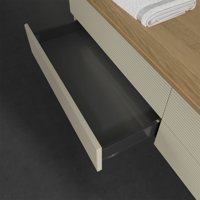 Villeroy & Boch Antao Waschbeckenunterschrank, 160 x 36 cm, 4 Auszüge mit LED-Licht, Front mit Struktur, ohne Hahnloch, für Waschtisch rechts