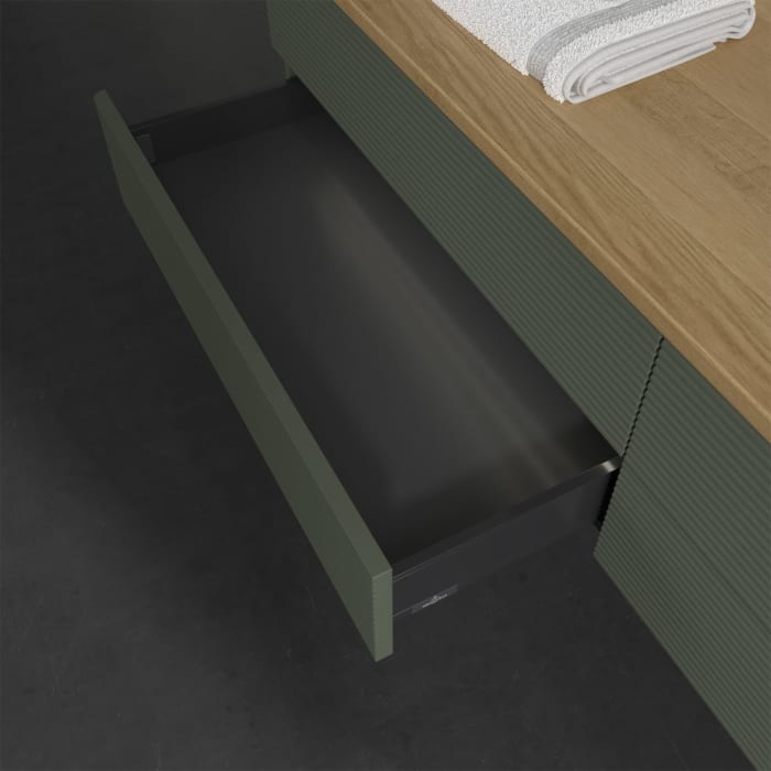 Villeroy & Boch Antao Waschbeckenunterschrank, 160 x 36 cm, 4 Auszüge mit LED-Licht, Front mit Struktur, ohne Hahnloch, für Waschtisch rechts