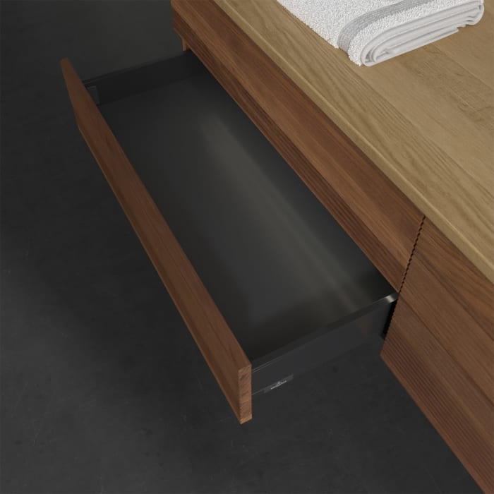 Villeroy & Boch Antao Waschbeckenunterschrank, 160 x 36 cm, 4 Auszüge mit LED-Licht, Front mit Struktur, ohne Hahnloch, für Waschtisch rechts