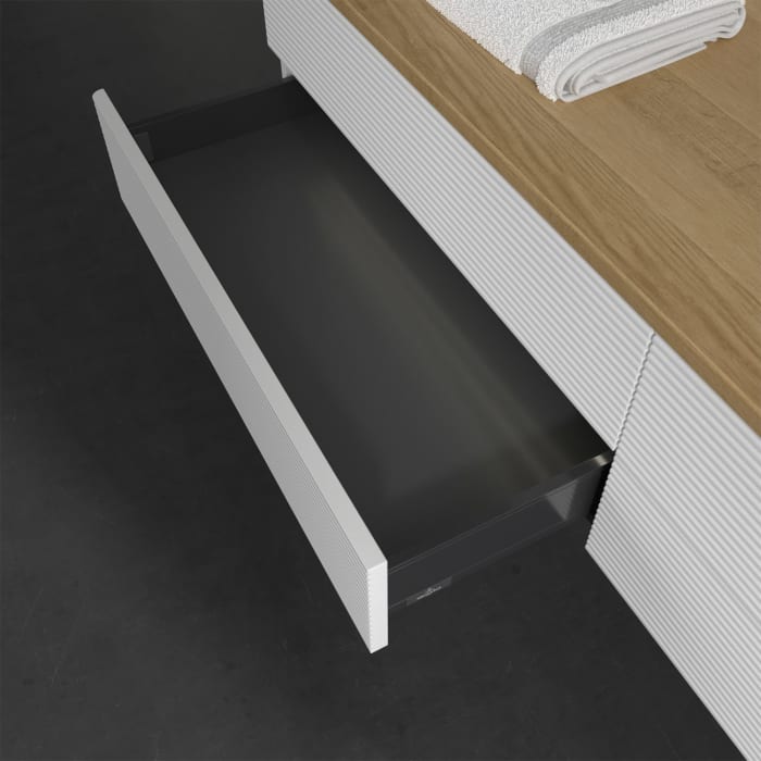 Villeroy & Boch Antao Waschbeckenunterschrank, 160 x 36 cm, 4 Auszüge mit LED-Licht, Front mit Struktur, ohne Hahnloch, für Waschtisch rechts