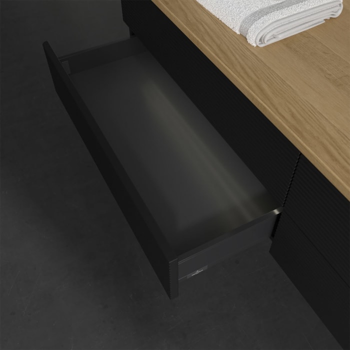 Villeroy & Boch Antao Waschbeckenunterschrank, 160 x 36 cm, 4 Auszüge mit LED-Licht, Front mit Struktur, ohne Hahnloch, für Waschtisch rechts