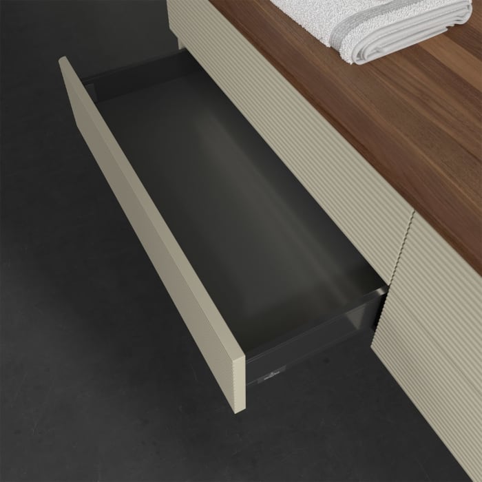 Villeroy & Boch Antao Waschbeckenunterschrank, 160 x 36 cm, 4 Auszüge mit LED-Licht, Front mit Struktur, ohne Hahnloch, für Waschtisch rechts