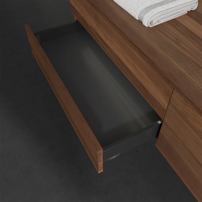 Villeroy & Boch Antao Waschbeckenunterschrank, 160 x 36 cm, 4 Auszüge mit LED-Licht, Front mit Struktur, ohne Hahnloch, für Waschtisch rechts