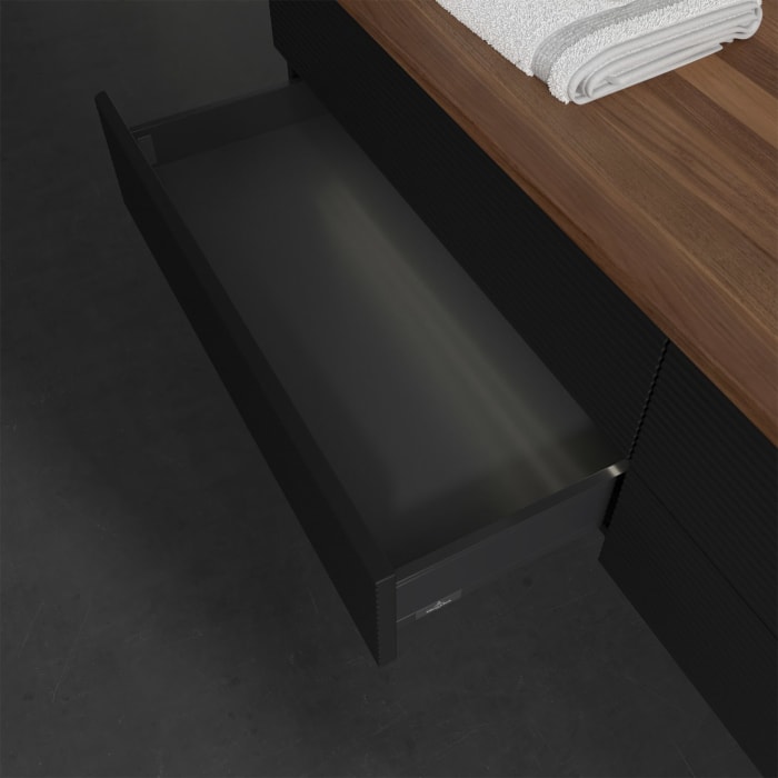 Villeroy & Boch Antao Waschbeckenunterschrank, 160 x 36 cm, 4 Auszüge mit LED-Licht, Front mit Struktur, ohne Hahnloch, für Waschtisch rechts