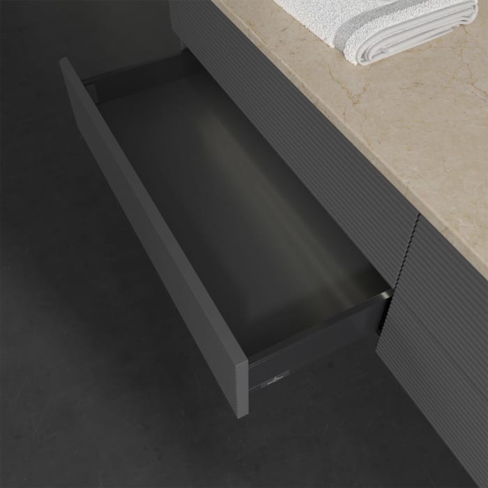 Villeroy & Boch Antao Waschbeckenunterschrank, 160 x 36 cm, 4 Auszüge mit LED-Licht, Front mit Struktur, ohne Hahnloch, für Waschtisch rechts