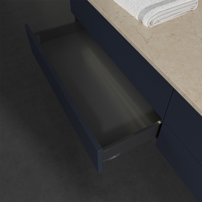 Villeroy & Boch Antao Waschbeckenunterschrank, 160 x 36 cm, 4 Auszüge mit LED-Licht, Front mit Struktur, ohne Hahnloch, für Waschtisch rechts