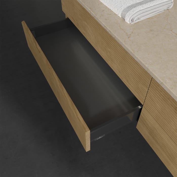 Villeroy & Boch Antao Waschbeckenunterschrank, 160 x 36 cm, 4 Auszüge mit LED-Licht, Front mit Struktur, ohne Hahnloch, für Waschtisch rechts