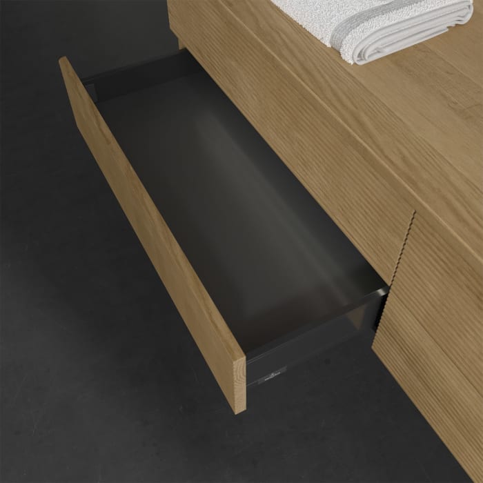 Villeroy & Boch Antao Waschbeckenunterschrank, 160 x 36 cm, 4 Auszüge mit LED-Licht, Front mit Struktur, mit Hahnloch, für Waschtisch rechts