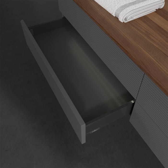 Villeroy & Boch Antao Waschbeckenunterschrank, 160 x 36 cm, 4 Auszüge mit LED-Licht, Front mit Struktur, mit Hahnloch, für Waschtisch rechts