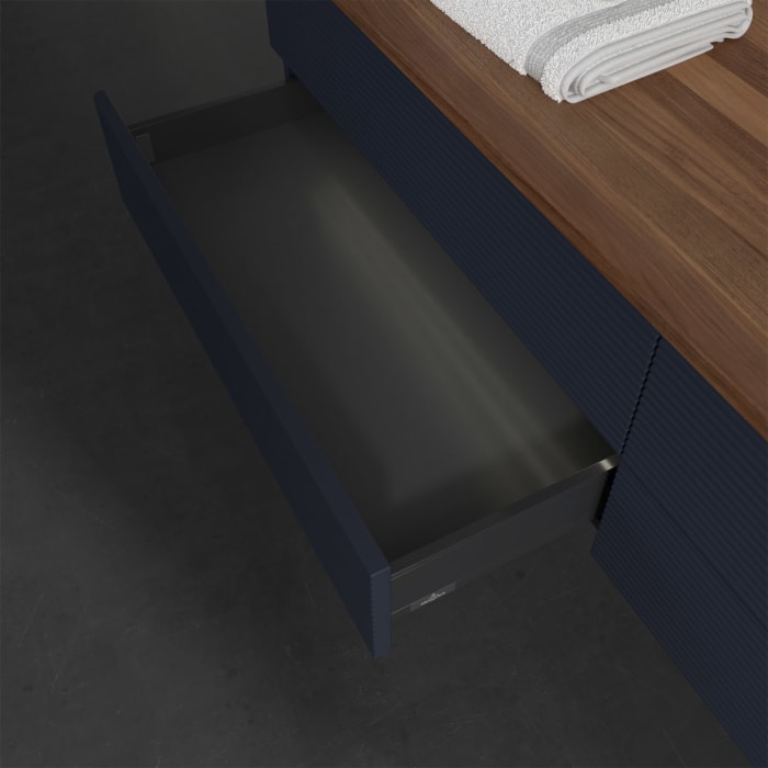 Villeroy & Boch Antao Waschbeckenunterschrank, 160 x 36 cm, 4 Auszüge mit LED-Licht, Front mit Struktur, mit Hahnloch, für Waschtisch rechts