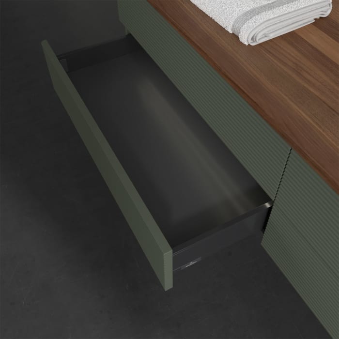 Villeroy & Boch Antao Waschbeckenunterschrank, 160 x 36 cm, 4 Auszüge mit LED-Licht, Front mit Struktur, mit Hahnloch, für Waschtisch rechts