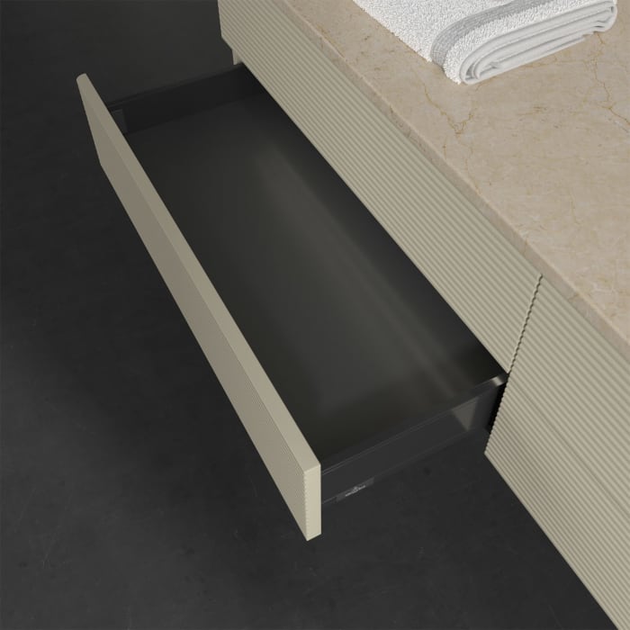 Villeroy & Boch Antao Waschbeckenunterschrank, 160 x 36 cm, 4 Auszüge mit LED-Licht, Front mit Struktur, mit Hahnloch, für Waschtisch rechts