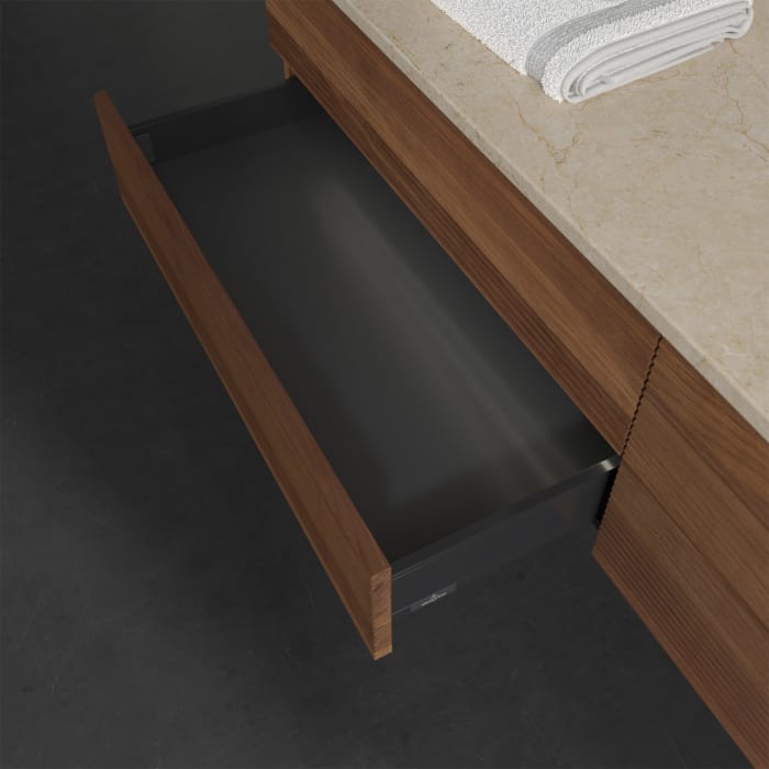 Villeroy & Boch Antao Waschbeckenunterschrank, 160 x 36 cm, 4 Auszüge mit LED-Licht, Front mit Struktur, mit Hahnloch, für Waschtisch rechts