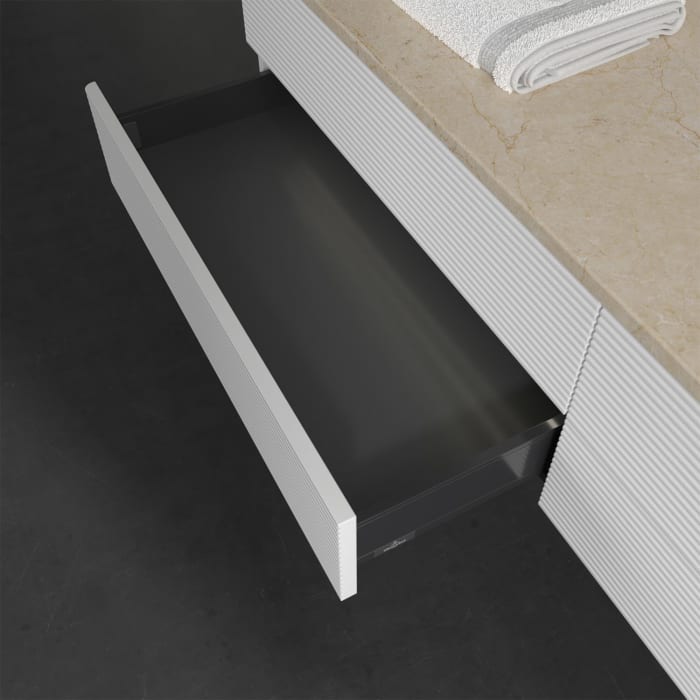 Villeroy & Boch Antao Waschbeckenunterschrank, 160 x 36 cm, 4 Auszüge mit LED-Licht, Front mit Struktur, mit Hahnloch, für Waschtisch rechts