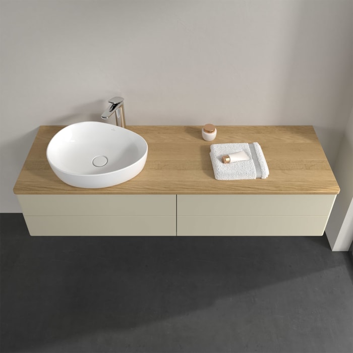 Villeroy & Boch Antao Waschbeckenunterschrank, 160 x 36 cm, 4 Auszüge mit LED-Licht, Front ohne Struktur, mit Hahnloch, für Waschtisch links