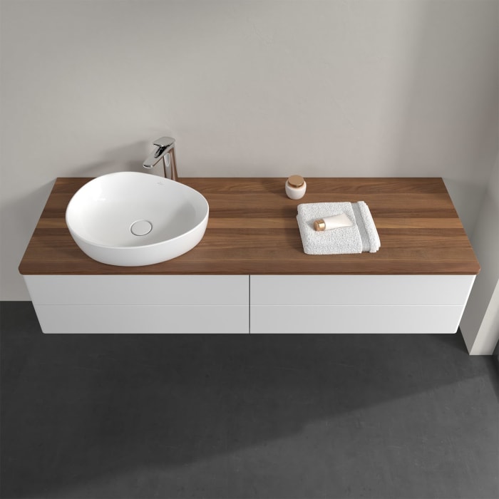 Villeroy & Boch Antao Waschbeckenunterschrank, 160 x 36 cm, 4 Auszüge mit LED-Licht, Front ohne Struktur, mit Hahnloch, für Waschtisch links