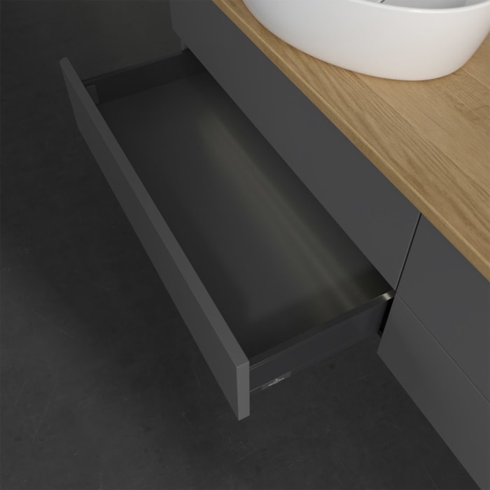 Villeroy & Boch Antao Waschbeckenunterschrank, 160 x 36 cm, 4 Auszüge mit LED-Licht, Front ohne Struktur, mit Hahnloch, für Waschtisch links und recht