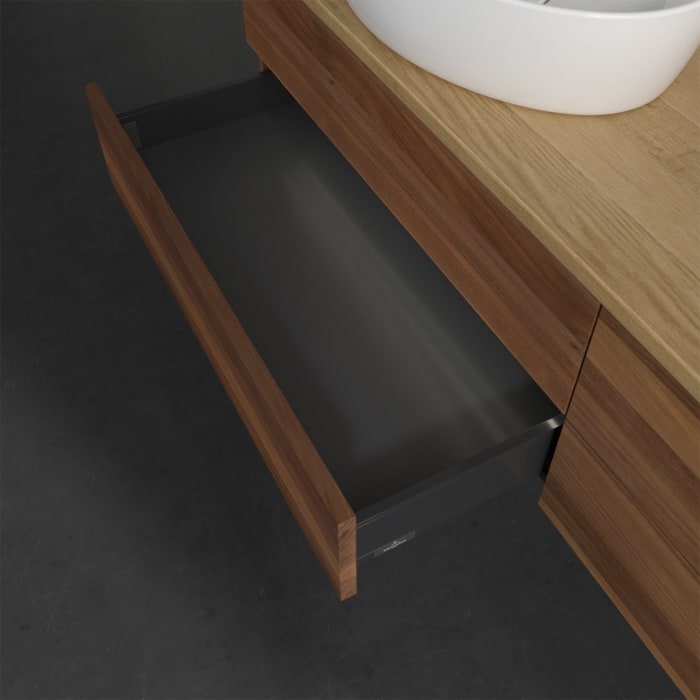 Villeroy & Boch Antao Waschbeckenunterschrank, 160 x 36 cm, 4 Auszüge mit LED-Licht, Front ohne Struktur, mit Hahnloch, für Waschtisch links und recht