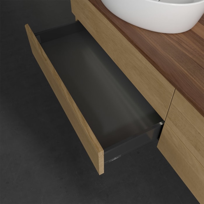 Villeroy & Boch Antao Waschbeckenunterschrank, 160 x 36 cm, 4 Auszüge mit LED-Licht, Front ohne Struktur, mit Hahnloch, für Waschtisch links und recht