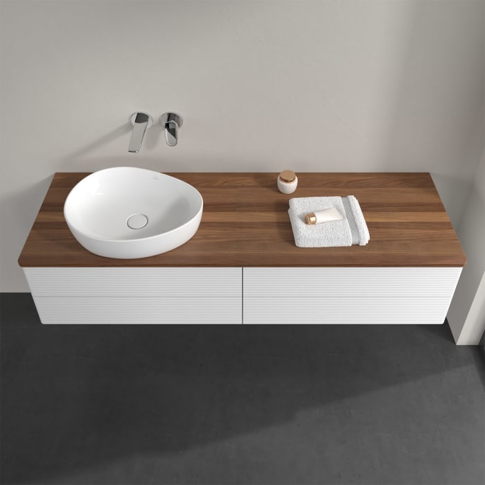 Villeroy & Boch Antao Waschbeckenunterschrank, 160 x 36 cm, 4 Auszüge mit LED-Licht, Front mit Struktur, ohne Hahnloch, für Waschtisch links