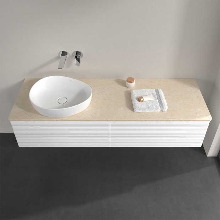 Villeroy & Boch Antao Waschbeckenunterschrank, 160 x 36 cm, 4 Auszüge mit LED-Licht, Front mit Struktur, ohne Hahnloch, für Waschtisch links