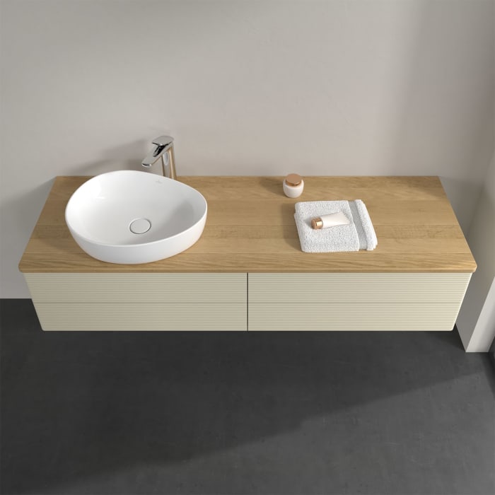 Villeroy & Boch Antao Waschbeckenunterschrank, 160 x 36 cm, 4 Auszüge mit LED-Licht, Front mit Struktur, mit Hahnloch, für Waschtisch links