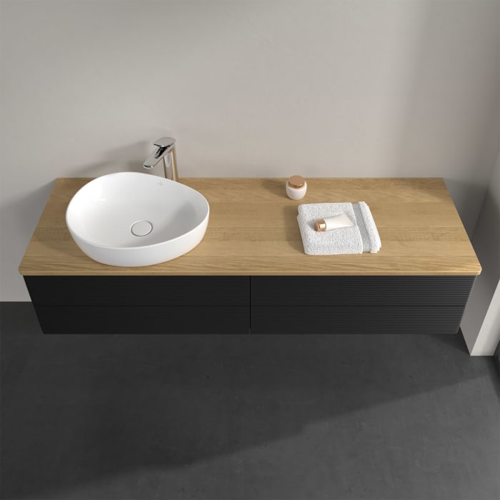 Villeroy & Boch Antao Waschbeckenunterschrank, 160 x 36 cm, 4 Auszüge mit LED-Licht, Front mit Struktur, mit Hahnloch, für Waschtisch links