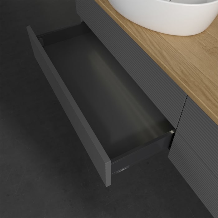 Villeroy & Boch Antao Waschbeckenunterschrank, 160 x 36 cm, 4 Auszüge mit LED-Licht, Front mit Struktur, mit Hahnloch, für Waschtisch links und rechts