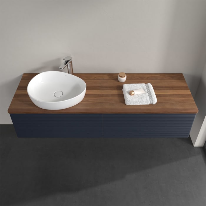 Villeroy & Boch Antao Waschbeckenunterschrank, 160 x 36 cm, 4 Auszüge mit LED-Licht, Front mit Struktur, mit Hahnloch, für Waschtisch links