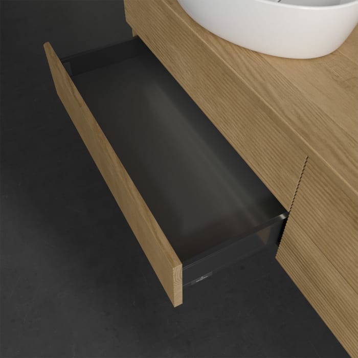 Villeroy & Boch Antao Waschbeckenunterschrank, 160 x 36 cm, 4 Auszüge mit LED-Licht, Front mit Struktur, mit Hahnloch, für Waschtisch links und rechts