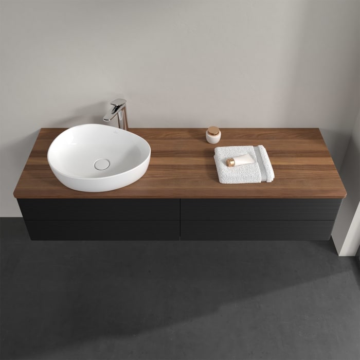 Villeroy & Boch Antao Waschbeckenunterschrank, 160 x 36 cm, 4 Auszüge mit LED-Licht, Front mit Struktur, mit Hahnloch, für Waschtisch links