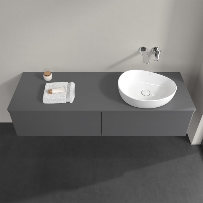 Villeroy & Boch Antao Waschbeckenunterschrank, 160 x 36 cm, 4 Auszüge mit LED-Licht, Front ohne Struktur, mit Hahnloch, für Waschtisch rechts