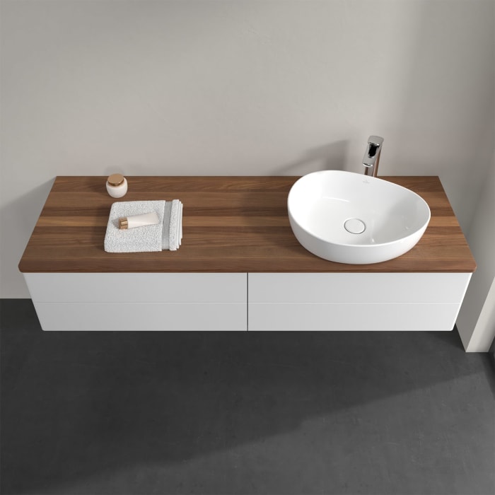 Villeroy & Boch Antao Waschbeckenunterschrank, 160 x 36 cm, 4 Auszüge mit LED-Licht, Front ohne Struktur, mit Hahnloch, für Waschtisch rechts