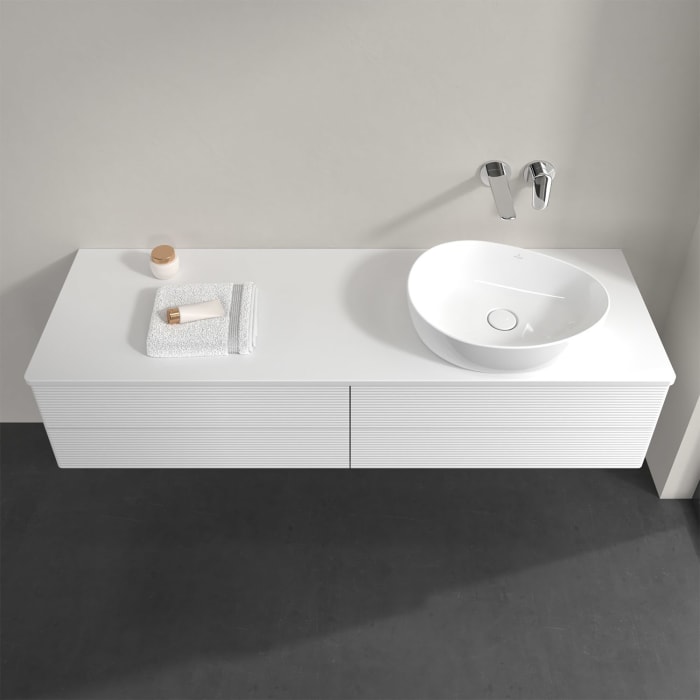 Villeroy & Boch Antao Waschbeckenunterschrank, 160 x 36 cm, 4 Auszüge mit LED-Licht, Front mit Struktur, mit Hahnloch, für Waschtisch rechts