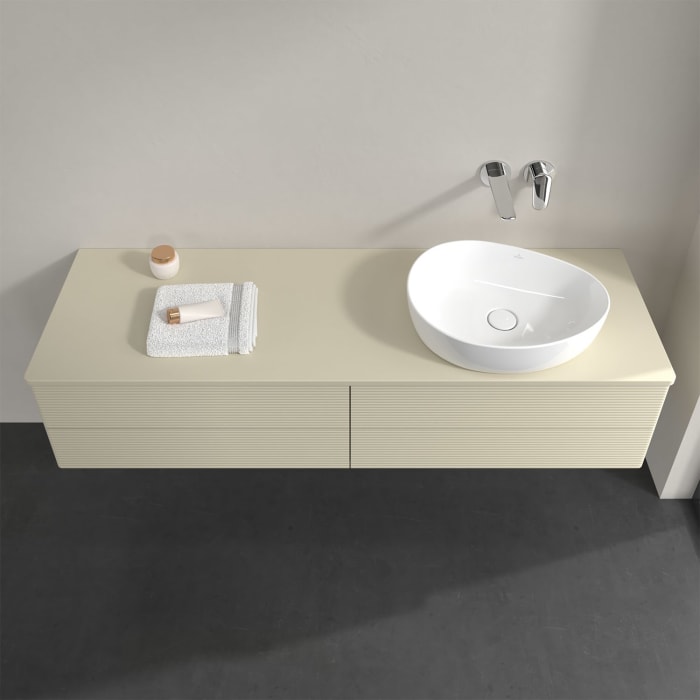 Villeroy & Boch Antao Waschbeckenunterschrank, 160 x 36 cm, 4 Auszüge mit LED-Licht, Front mit Struktur, mit Hahnloch, für Waschtisch rechts