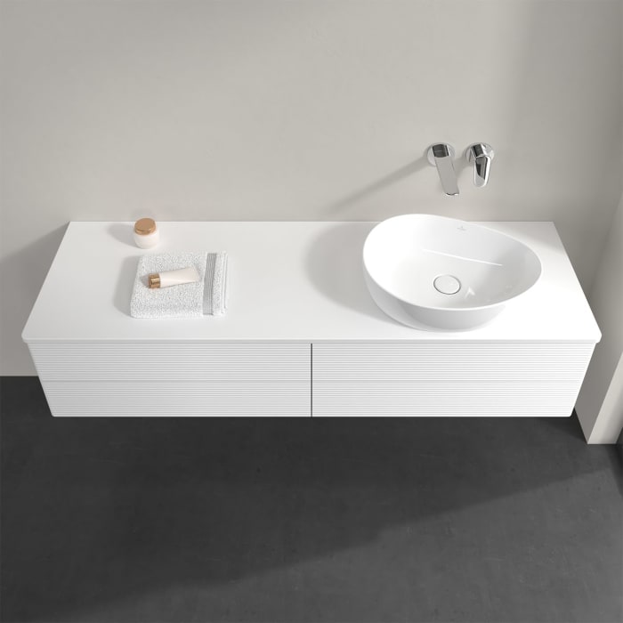 Villeroy & Boch Antao Waschbeckenunterschrank, 160 x 36 cm, 4 Auszüge mit LED-Licht, Front mit Struktur, mit Hahnloch, für Waschtisch rechts