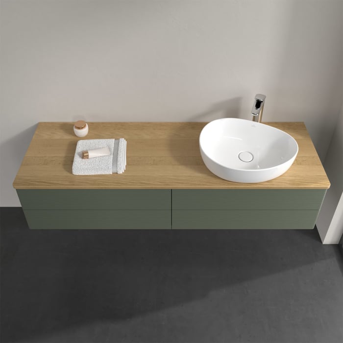 Villeroy & Boch Antao Waschbeckenunterschrank, 160 x 36 cm, 4 Auszüge mit LED-Licht, Front mit Struktur, mit Hahnloch, für Waschtisch rechts