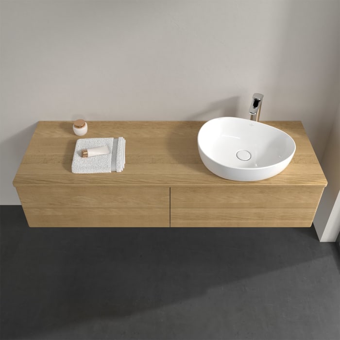Villeroy & Boch Antao Waschbeckenunterschrank, 160 x 36 cm, 4 Auszüge mit LED-Licht, Front mit Struktur, mit Hahnloch, für Waschtisch rechts