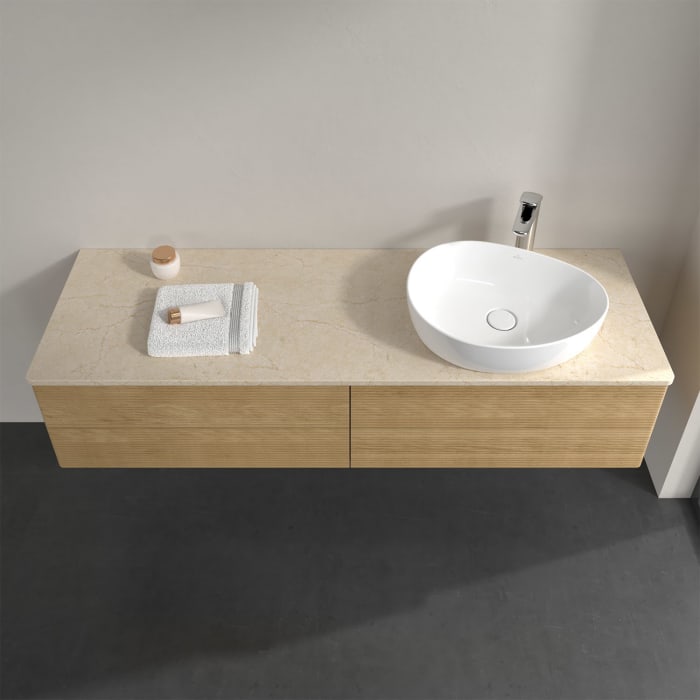 Villeroy & Boch Antao Waschbeckenunterschrank, 160 x 36 cm, 4 Auszüge mit LED-Licht, Front mit Struktur, mit Hahnloch, für Waschtisch rechts