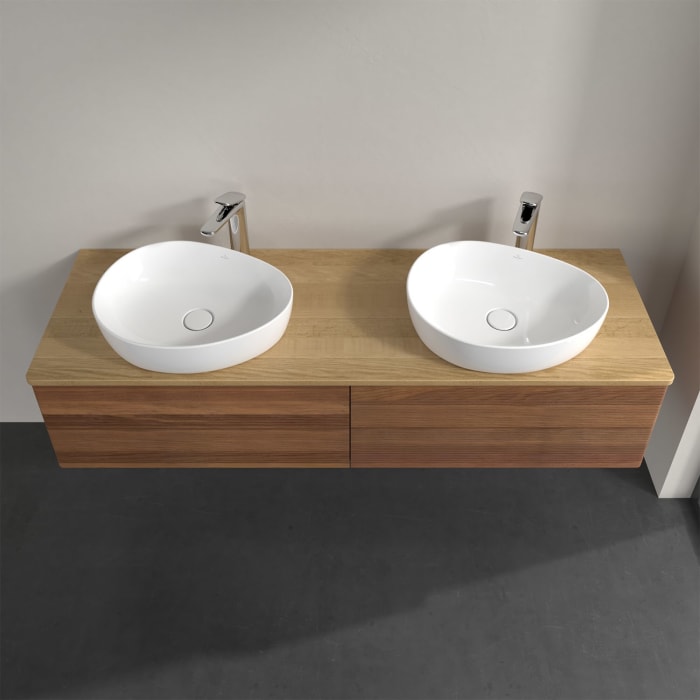 Villeroy & Boch Antao Waschbeckenunterschrank, 160 x 36 cm, 4 Auszüge mit LED-Licht, Front mit Struktur, mit Hahnloch, für Waschtisch links und rechts