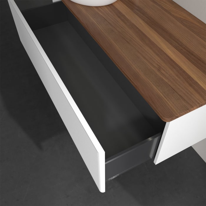 Villeroy & Boch Antao Waschbeckenunterschrank, 120 x 36 cm, 1 Auszug mit LED-Licht, Front mit Struktur, mit Hahnloch, für Waschtisch links